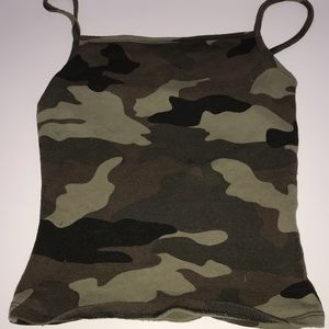 Tight cropped spaghetti strap camouflage tank top
